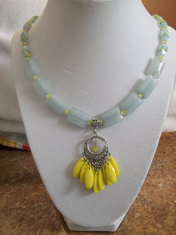 Rectangle Blue Glass Beads, Yellow Glass Beads, Silver Yellow Pendant Necklace (N825)