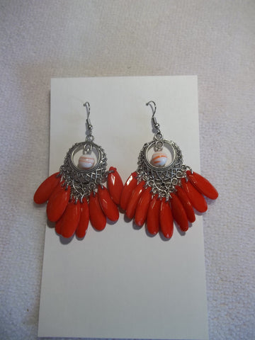 Silver Redish Orange Dangle Earrings (E858)