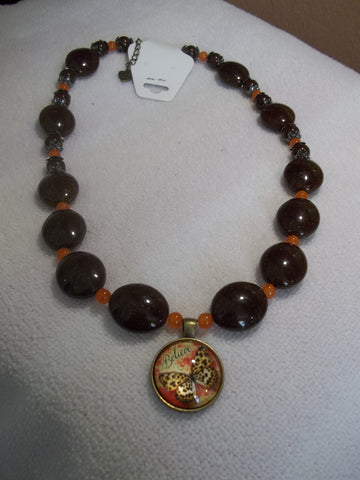 Brown Acrylic Beads, Orange Glass Beads, Believe Butterfly Pendant Necklace (N933)