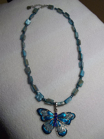 Light Blue Mother of Pearl Butterfly Necklace (N939)