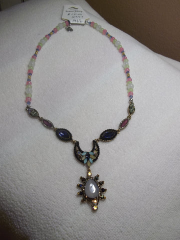 Clear Pink Green Blue Gold Beads Multi Color Bling Pendant Necklace (N947)