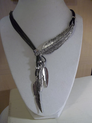 Black Cord Silver Feathers Necklace (N951)