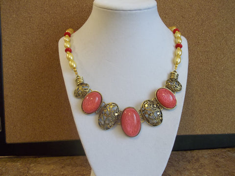 Yellow Oval Pearls, Red Glass Beads Gold Beads, Pink Gold Bib Style Necklace (N953)