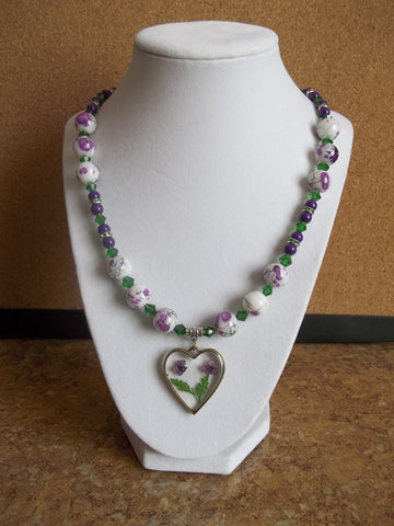 Purple Green Glass Beads Glass Heart Dried Flowers Necklace (N960)