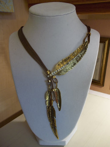 Brown Cord Gold Feathers Necklace (N967)