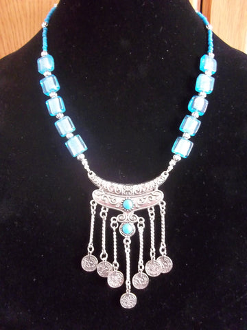 Blue Glass Beads Silver Coins Necklace (N969)