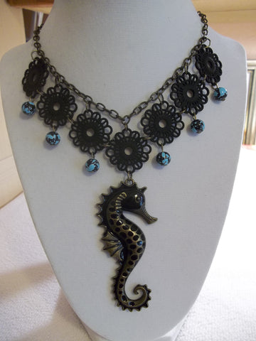 Bronze Black Metal Lace Black Seahorse Necklace (N984)