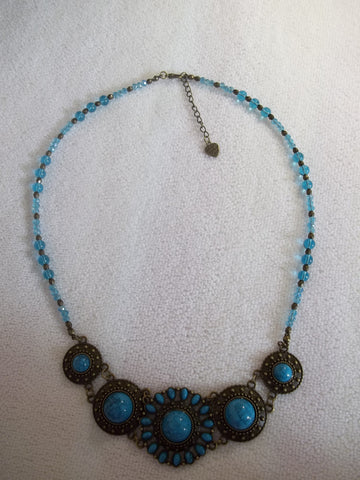 Bronze Blue Glass Bead Bib Necklace (N994)