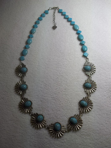 Silver Metal Scalloped Turquoise Glass Beads Necklace (N998)