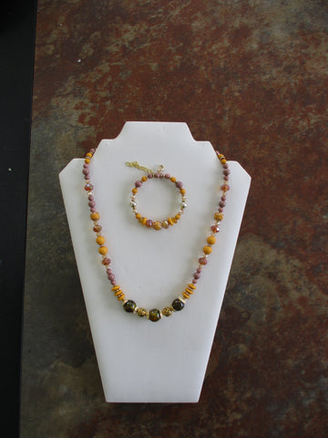 Gold Mustard Yellow Brown Beads Necklace Bracelet Set (NB216)