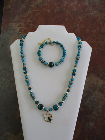 Gold Teal Glass Beads Cat Pendant Necklace Bracelet Set (NB219)