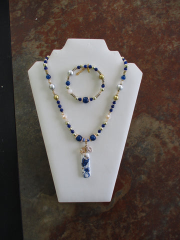 Gold Dark Blue Glass Beads Porcelin Pendant w/butterfly Necklace Bracelet Set (NB220)