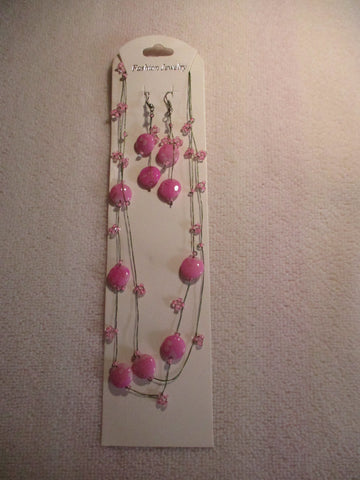 Pink Beads Pink Seed Beads Thread Necklace Earring Set (NE442)