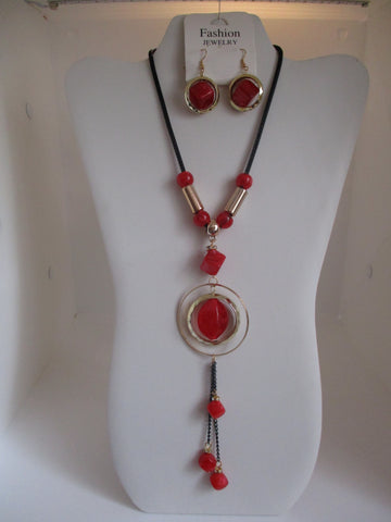 Black Tube Chain Gold Rings Red Beads Necklace Earrings Set (NE445)