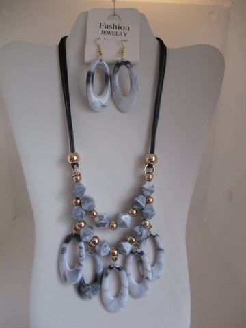 Black Cord Gold Beads Gray Beads Necklace Earrings Set (NE448)