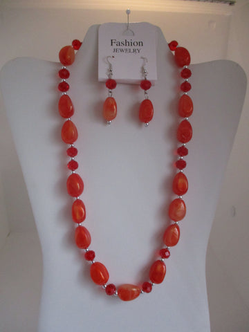 Dark Orange Red Beads Necklace Earrings Set (NE452)