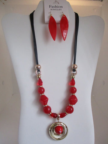 Black Cord Gold Beads Gold Rings Red Beads Necklace Earrings Set (NE454)