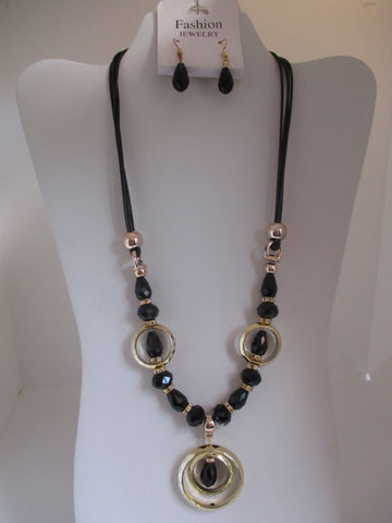Black Cord Black Tear Drop Bling Beads Gold Rings Necklace Earrings Set (NE463)