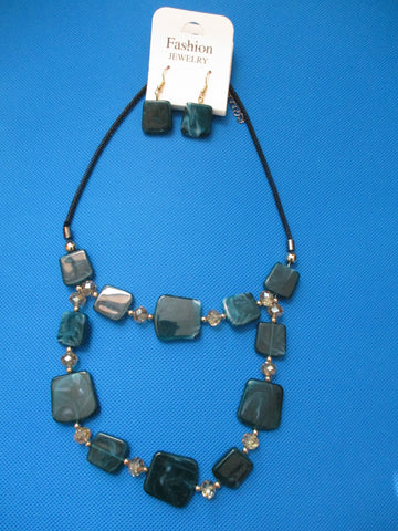 Black Chain Flat Green Square Beads Necklace Earrings Set (NE465)