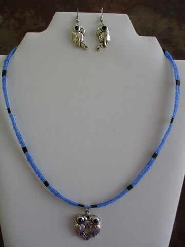 Silver Frost Blue Glass Beads Double Row Black Beads Silver Parrots Necklace Earring Set (NE494)