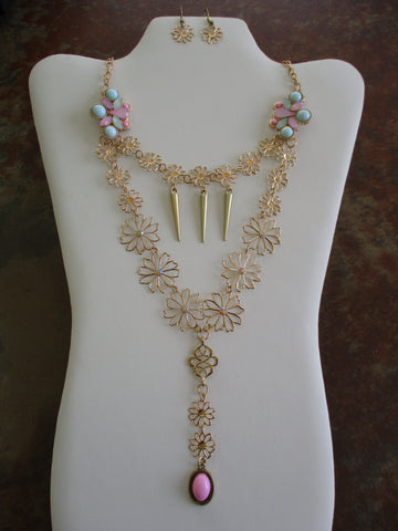 Gold Chain Flowers Blue Pink Pendants Double Row Necklace Earring Set (NE498)
