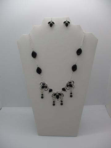Silver Chain Black Glass Beads Black Silver Pendants Necklace Earrings Set (NE504)
