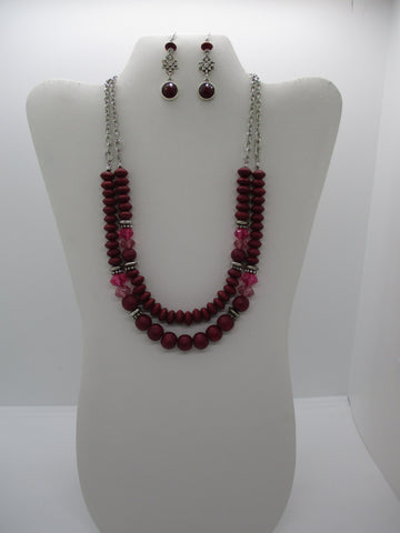 Silver Chain Double Row Wooden Burgundy Beads Pink Beads Choker Necklace Earrings Set (NE505)