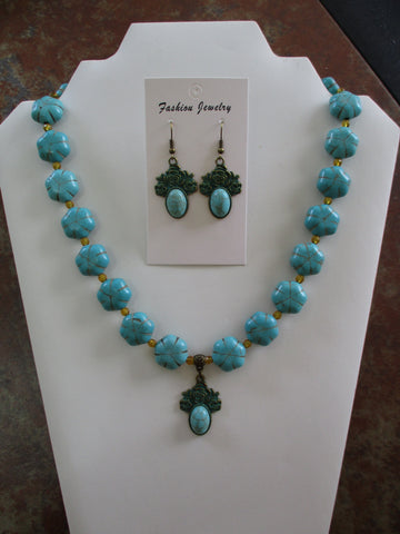 Bronze Turquoise Glass Beads Flower Pendant Necklace Earrings Set (NE508)