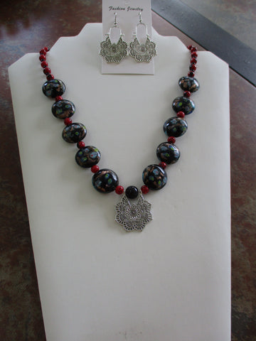 Silver Black, Red Glass Beads Silver Pendant Necklace Earrings Set (NE512)