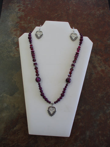 Burgandy Class Beads Silver Bead Caps Silver Heart Bird and Flowers Pendant Necklace Earrings Set (NE519)