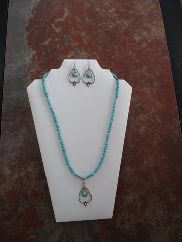 Turquoise Silver Glass Beads Silver Pendant Necklace Earrings Set (NE522)