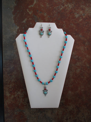 Turquoise Hearts Red Glass Beads Pendant Necklace Earring Set (NE523)