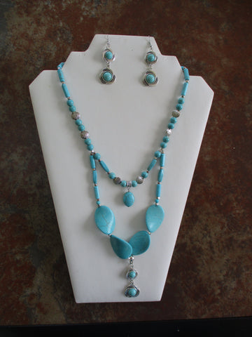 Double Row Glass Turquoise Beads Silver Beads Double Pendant Necklace Earrings Set (NE527)