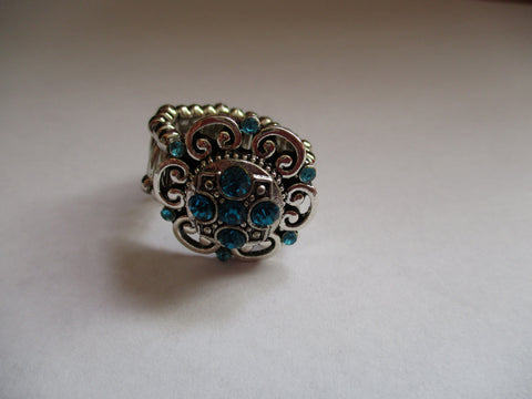Silver Blue Bling Stretch Snap Button Ring (R20)